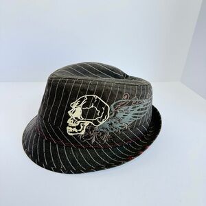 Black Pinstripe Fedora with Skull Design